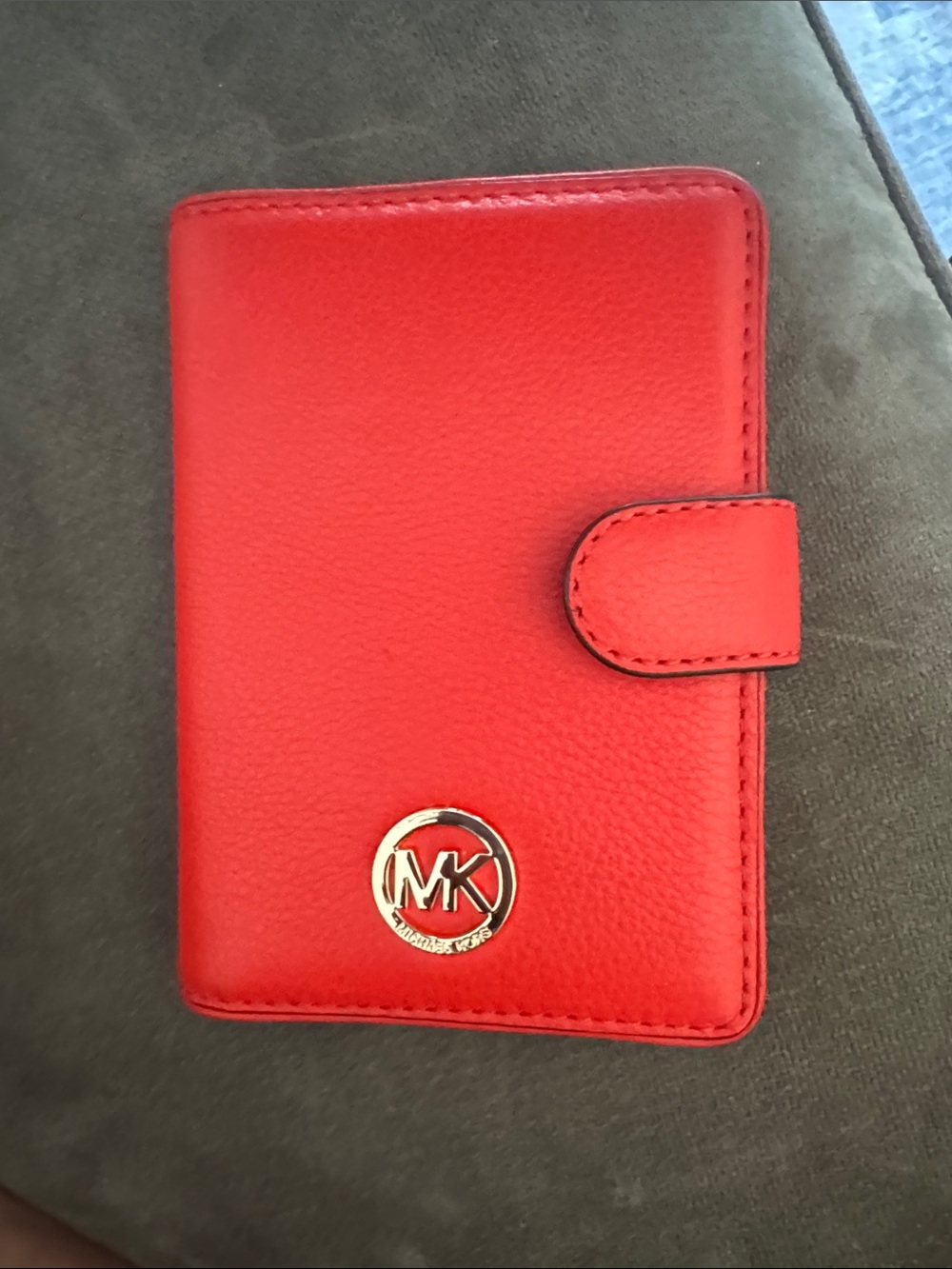 Michael Kors Bright Red Leather Snap passport Case with Gold MK Logo